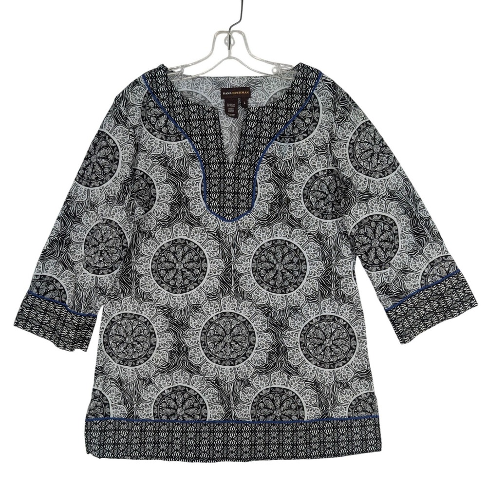 Dana Buchman Tunic Top L Black White Mandala Split Neck 3/4 Sleeve Boho